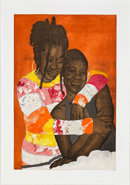 A print by Adrian Armstrong of two Black women embracing.