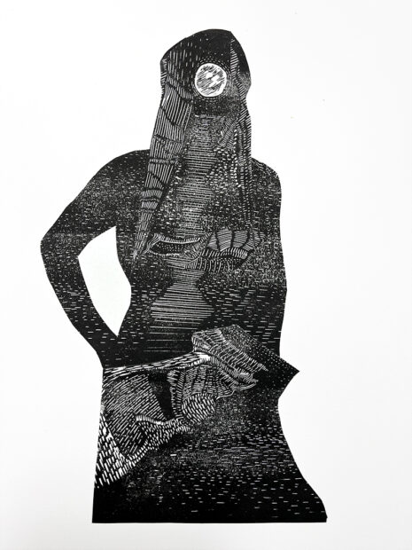 A mixed media work by Angél Faz, featuring the silhouette of a figure.