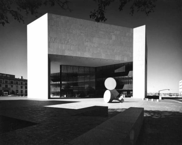 A black and white photograph of the exterior of Houston's Central Library.