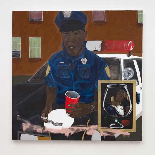 Painting of a black police officer eating lunch
