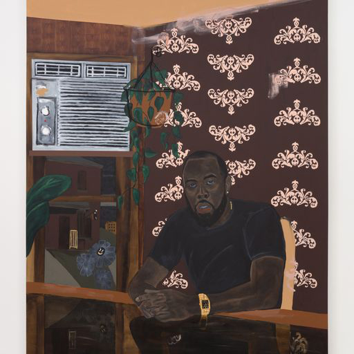 Painting of a black man in front of wallpaper