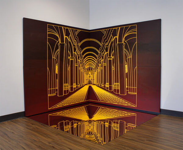 A photograph of a work by Jessica Baldivieso. The work consists of an architectural line drawing made with yellow paint on a red panel. The piece sits in a corner with a plexi mirror below it reflecting the painting.