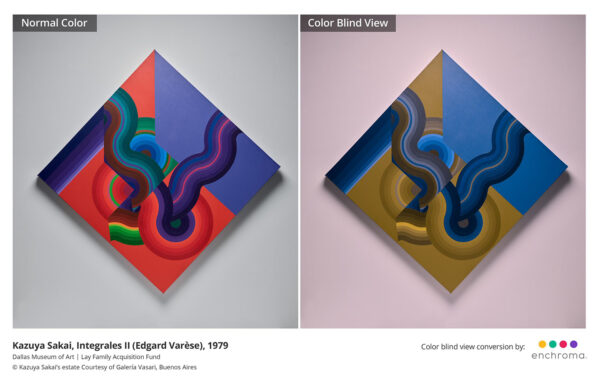 A side by side comparison of the original colors in an abstract work by Kazuya Sakai and how the artwork appears to people who are red-green color blind.