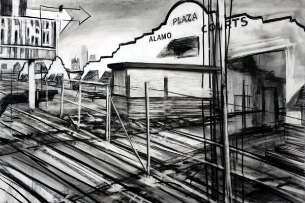 A charcoal drawing of a motor court.