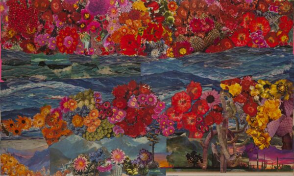 Collage by Lance Letscher with blue and green mountains like water and fields of bright red flowers