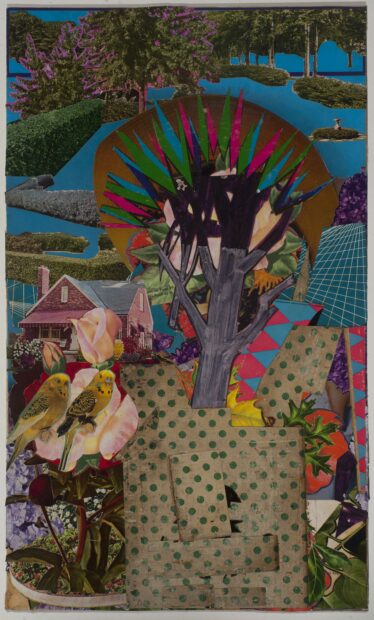 Collage with polka dot patters, flowers, birds and a scarecrow like tree in the center