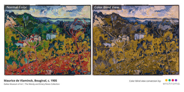A side by side comparison of the original colors in an Impressionist landscape painting by Maurice de Vlaminck and how the artwork appears to people who are red-green color blind.