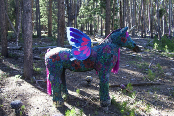 Sculpture of a unicorn made of up-cycled plastics