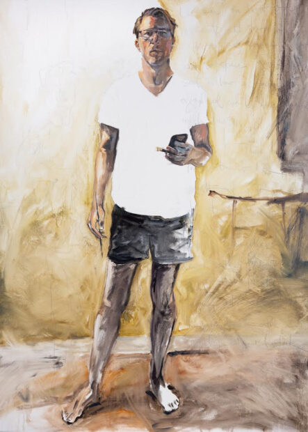A drawing and painting of a person wearing a white shirt and holding a phone.