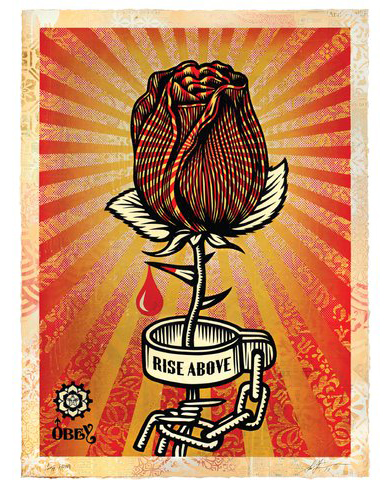 A work of art by Shepard Fairey of a rose with a drop of blood coming off of its thorn. The stem of the rose has a shackle with the words "Rise Above."