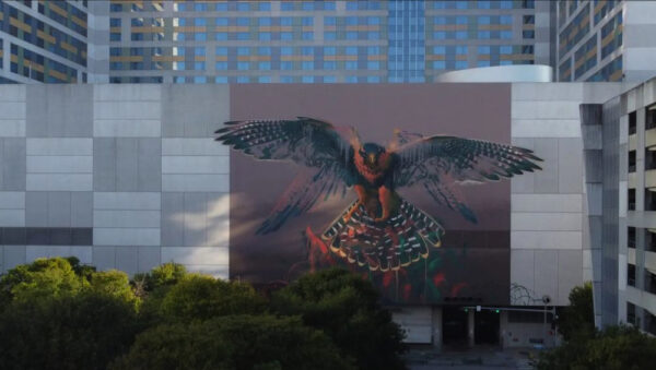 A large-scale mural in downtown Houston of a falcon.