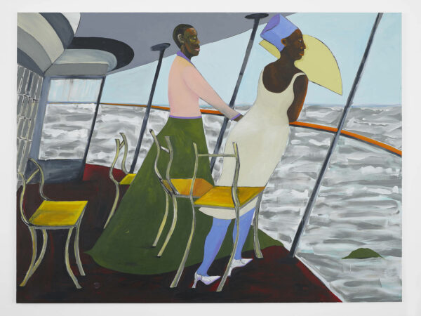 A mixed media work by Lubaina Himid depicting two Black women standing on the deck of the H.M.S. Calcutta, looking out at the ocean.