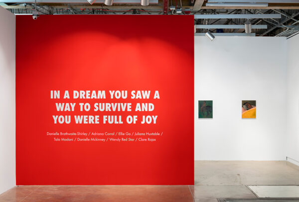 An installation photograph depicting the entry to The Contemporary Austin's exhibition, "“IN A DREAM YOU SAW A WAY TO SURVIVE AND YOU WERE FULL OF JOY.”