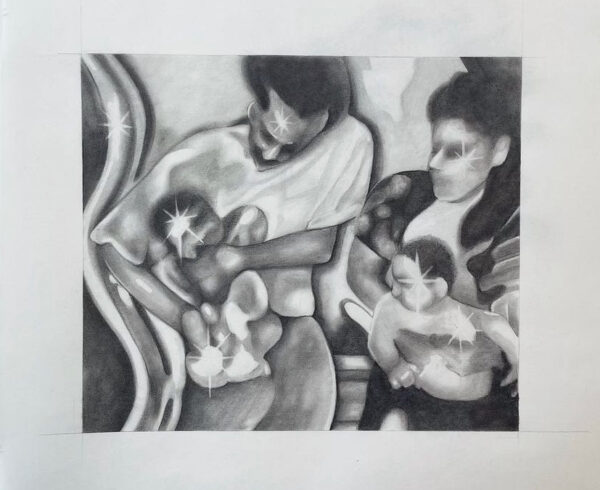 A pencil drawing by Christopher Nájera Estrada of a father and mother each holding a young child.