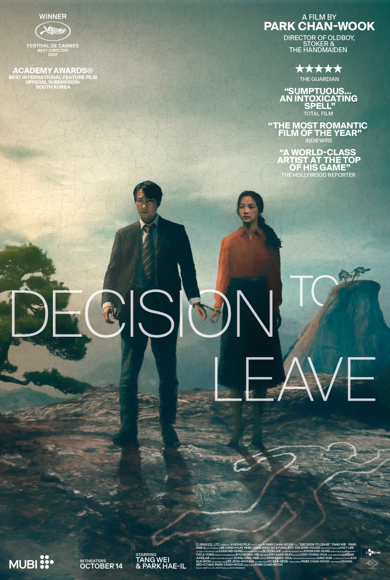 A film poster for "Decision to Leave (Heojil Kyolshim)," Directed by Park Chan-wook. The poster features a man and woman standing at the edge of a cliff with a chalk outline of a human figure on the ground.