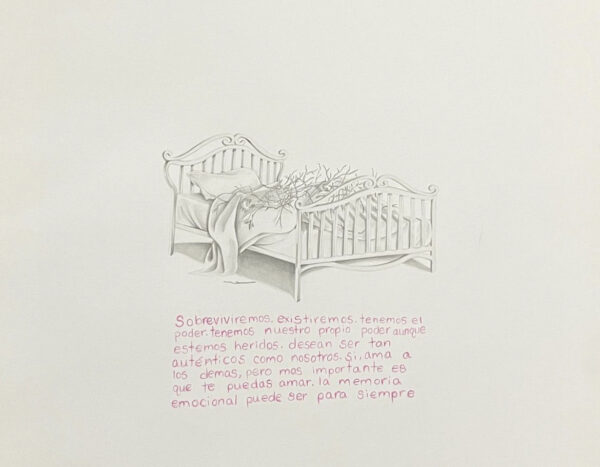 A pencil drawing by Christopher Nájera Estrada of an unmade bed with a pile of branches on top of it. Below the bed is a paragraph of pink Spanish text.