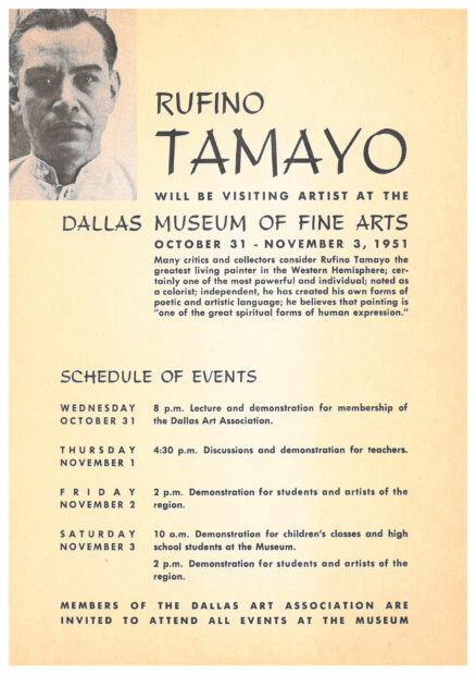 A scan of the original invitation to programs in connection with Rufino Tamayo's visit to the Dallas Museum of Art in 1951.