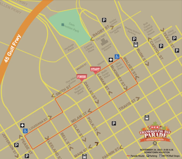 A map of the planned 2022 Houston Thanksgiving Parade route.