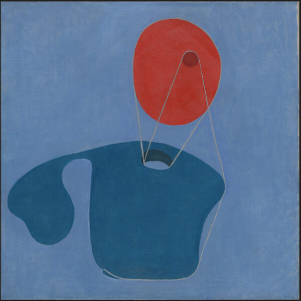 Drawing of red and blue abstract shapes against a blue backdrop