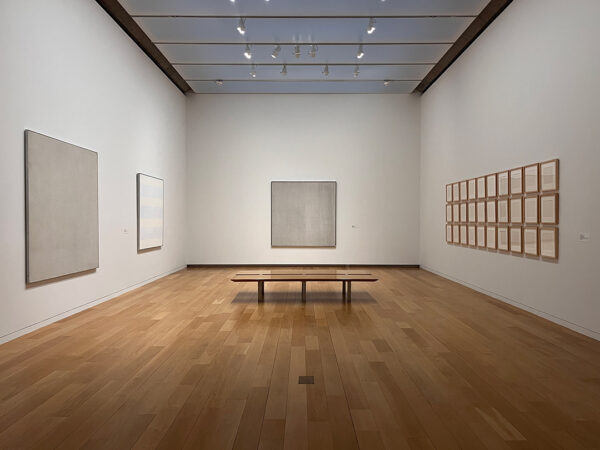 An installation image of four works by Agnes Martin on view at the Modern Art Museum of Fort Worth.