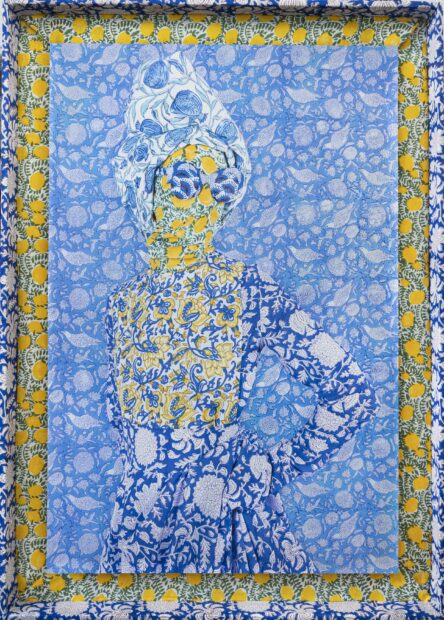 Image of a woman in a yellow and blue patterned piece