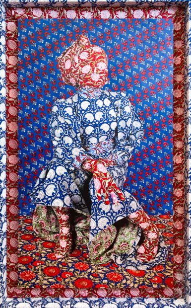 Figure of a woman sitting in a patterned red and blue frame