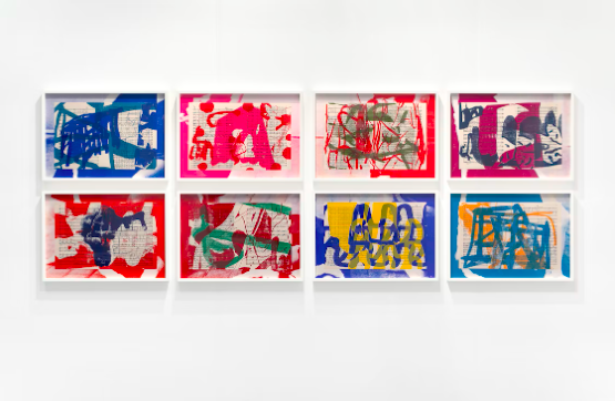 A four by two grid of colorful abstract silkscreen prints by Arturo Herrera.