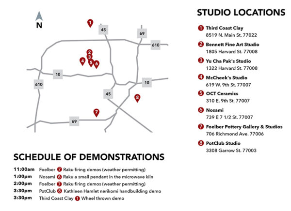 A simple map of studios that will be open across Houston for the 2022 Bayou City Clay Crawl.