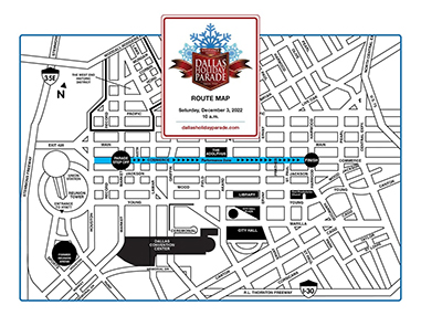 A map of the planned 2022 Dallas Holiday Parade route.
