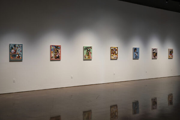 Installation image of 7 paintings on a white wall