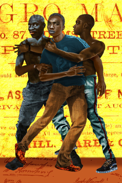 A digital collage by Dave McClinton of three young Black men set against a bright yellow background with red text. 