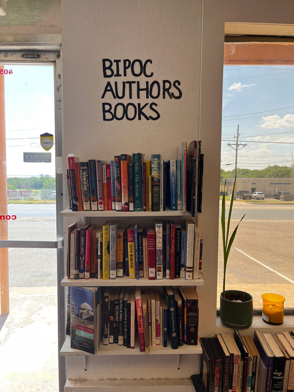 A photograph of the East Lubbock Art House free library's BIPOC Authors Books section.