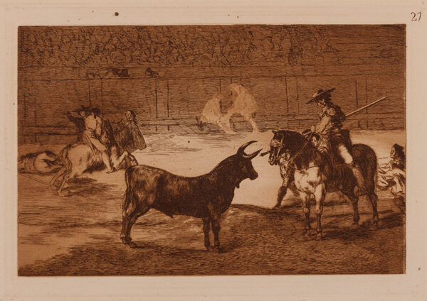 An etching by Francisco José de Goya y Lucientes of a bullfighter approaching a bull while riding a horse.