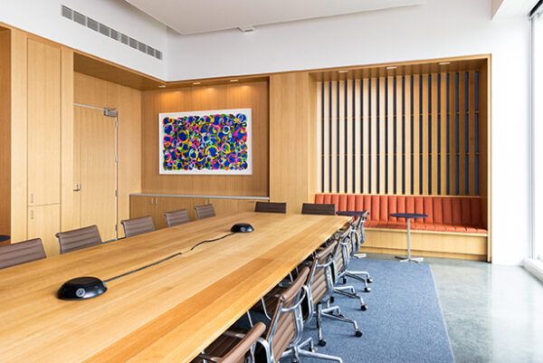 A photograph of Julia Barbosa-Landois' “Hold” installed in a meeting room at the Houston Endowment's headquarters.