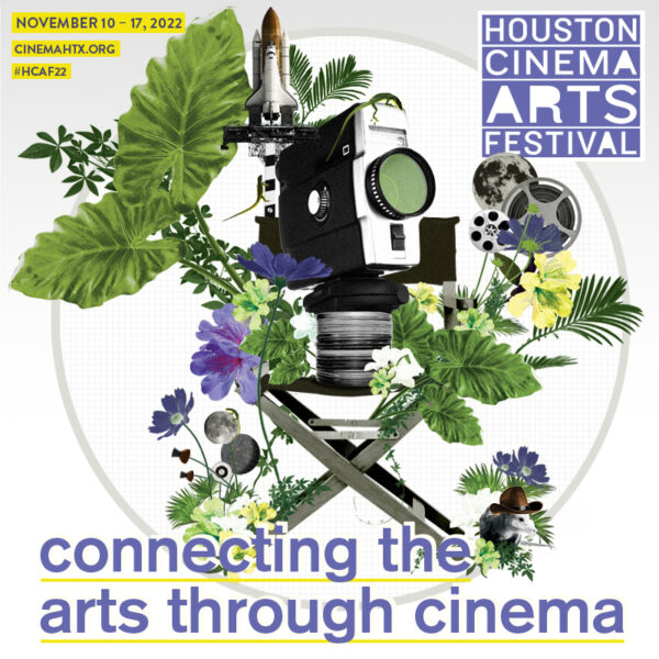 A designed graphic featuring a movie camera sitting in a director's chair surrounded by plants. 