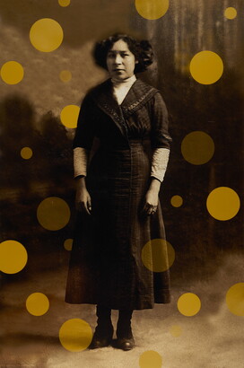 An inkjet print by Hulleah Tsinhnahjinnie of a woman standing in a long-sleeve dress with various sized yellow dots behind and in front of her.