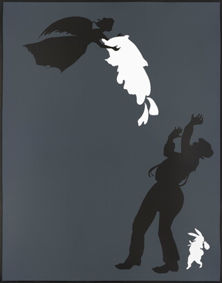 A print by Kara Walker featuring a silhouetted figure with a silhouetted angel flying overhead and a white silhouetted anthropomorphic rabbit in the lower right corner.
