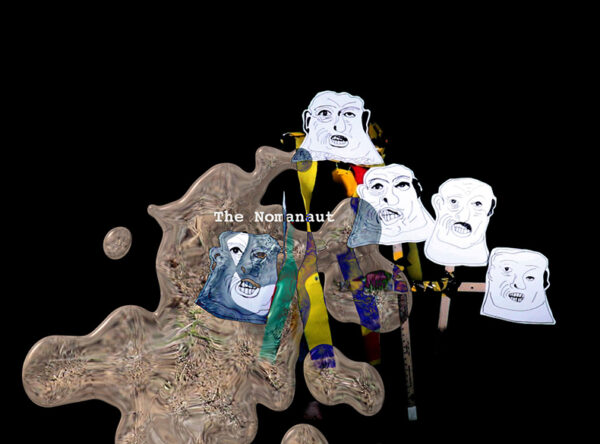 A still image from a video work by Kasey Short. The image includes five loose line drawings of faces floating among abstract shapes set against a black backdrop.