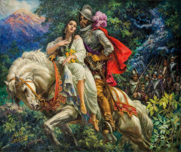 Romanticized painting of Malinche with Cortez