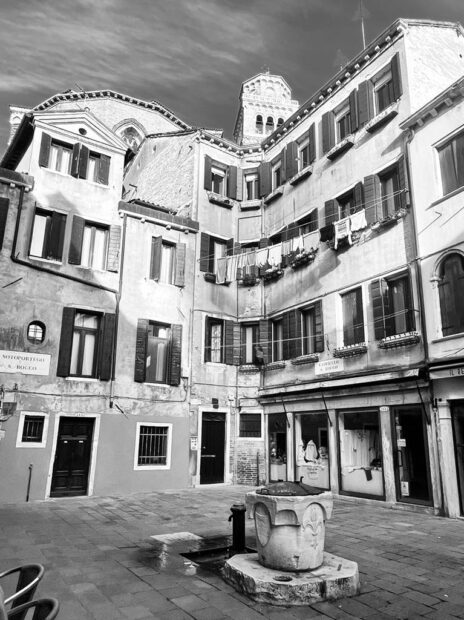 Black and white view of Venice architecture