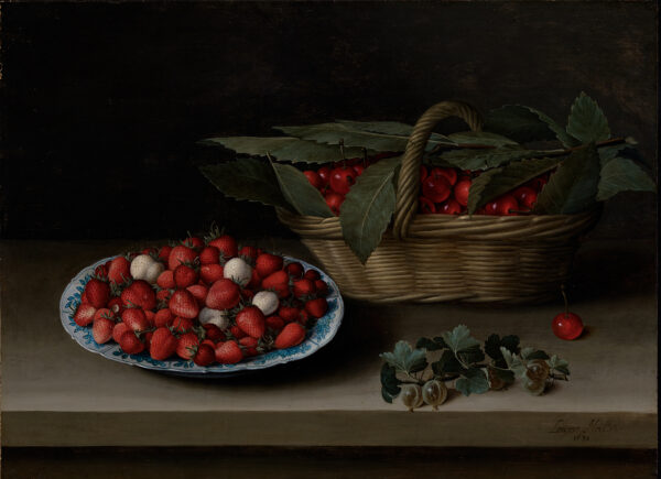 A still life painting by Louise Moillon featuring a bowl of strawberries, a basket of cherries, and a branch of gooseberries.