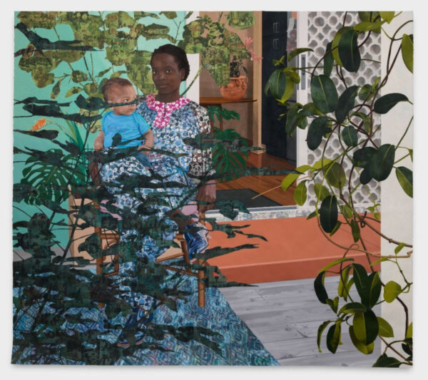 A mixed-media work by Njideka Akunyili Crosby of a mother and child partially covered by house plants.