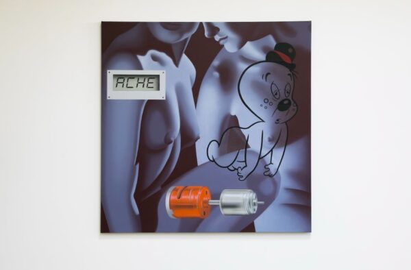 A painting by Rachel Hecker featuring two nude female figures. On top of the figures there is a painting of a small mechanical object, a cartoon of a sleepy looking ghost wearing a small hat, and the word "ACHE." 