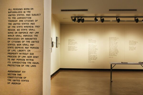 Installation view of words on a wall
