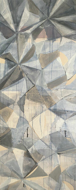 Geometric patterns of silver, yellows and blues vertically on a canvas