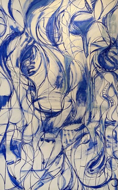 Gestural blue brushstrokes on a white backdrop