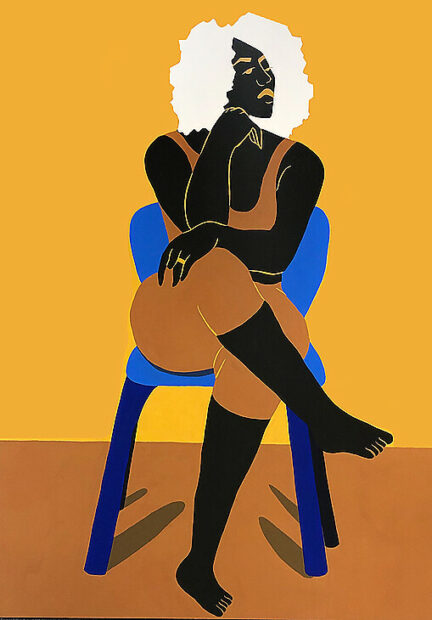 A painting by Desireé Vaniecia of a Black woman seated in a chair. She has her legs and arms crossed and looks off to the side.