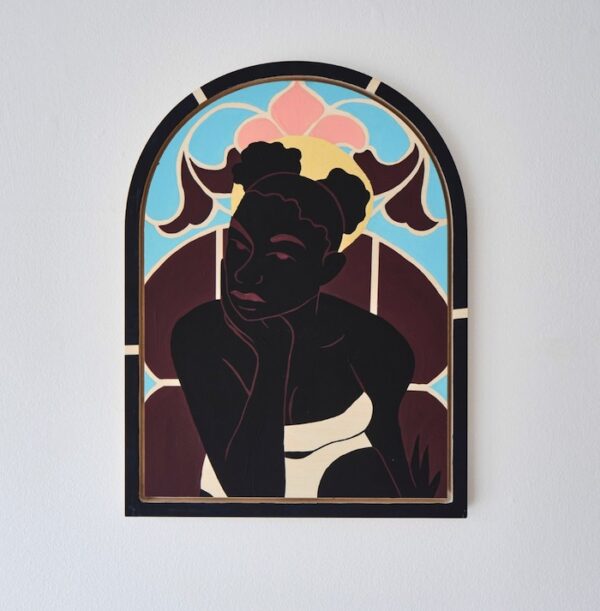 A portrait by Desireé Vaniecia of a Black woman with a background painted to resemble a stained glass window.