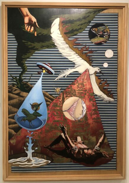 Painting of various images collaged together, including a fish, a striped backdrop, and a bird on fire