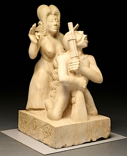 Photo of a sculpture of a woman and a man holding a rifle
